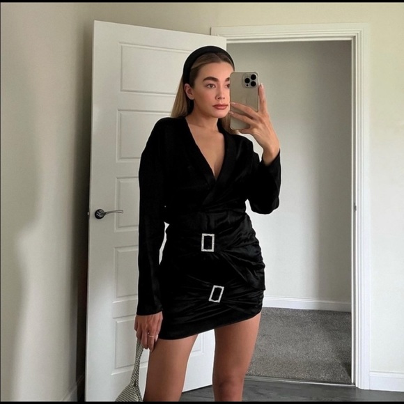 Zara Jewel Trim Satin Effect Dress Black Draped - Picture 11 of 14